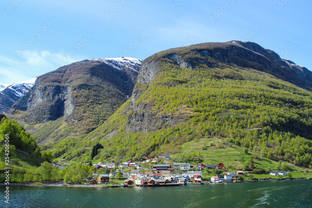 Calm and peaceful village at the coast of the Sogne fjord, Norway