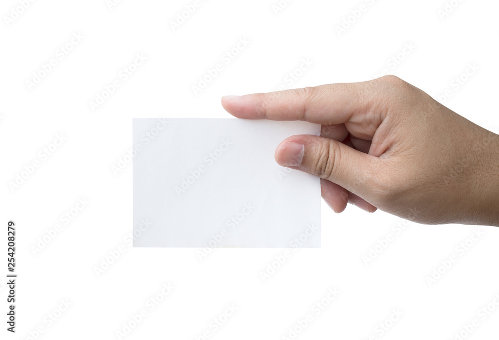 hand hold virtual business card or blank paper isolated on white background