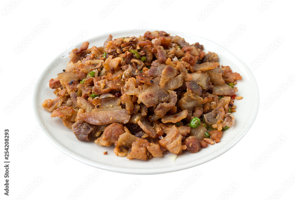 fried pork belly with fish sauce isolated on white background fried pork belly with fish sauce isolated on white background