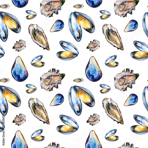 Watercolor hand drawn oyster isolated seamless pattern. © cosmicanna