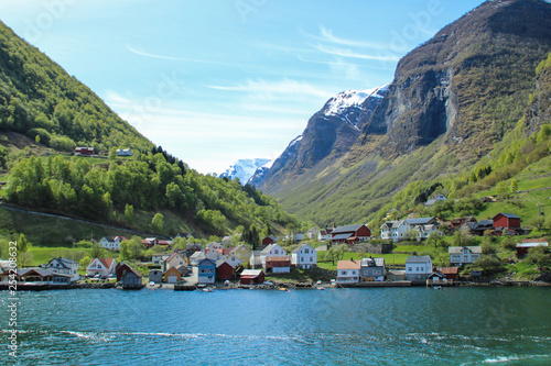 Calm and peaceful village at the coast of the Sogne fjord, Norway