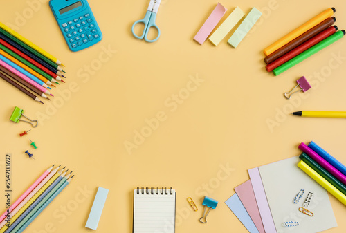School supplies stationery equipment on color background with copy space, Back to school concept