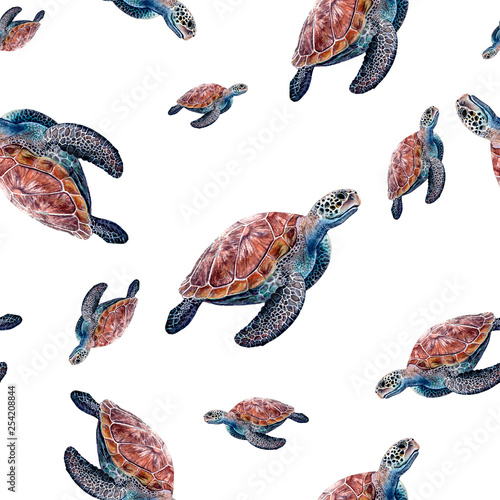 Watercolor hand drawn sea turtle isolated seamless pattern.