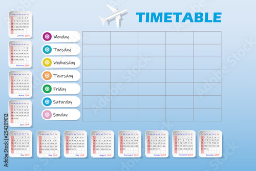 Vector calendar for year 2019 and blank weekly  air transport timetable on blue background. 