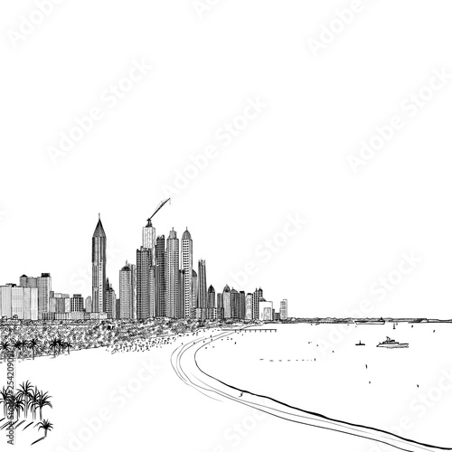 Hand drawn sketch of Marina Dubai UAE. City and beach coast with sand beaches at United Arab Emirates. Illustration. Vector.