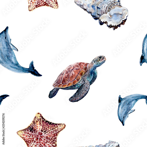 Watercolor starfish, sea turtle isolated seamless pattern.