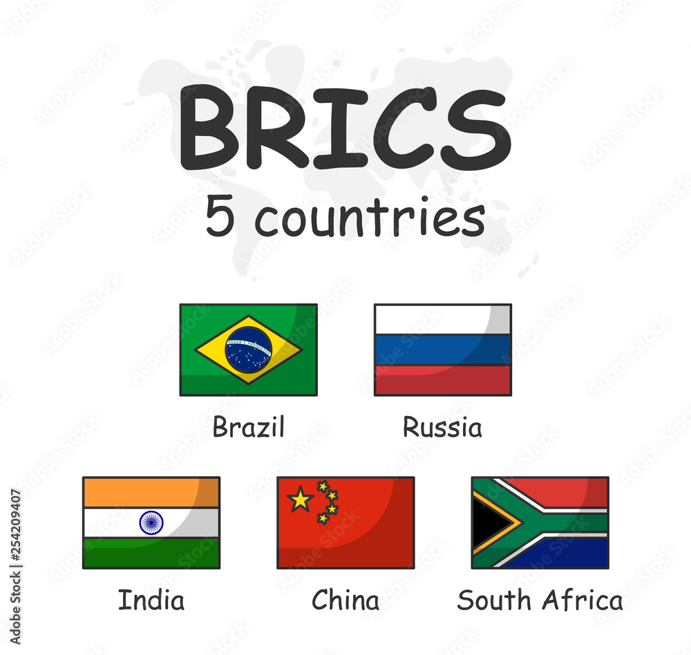 Obraz premium BRICS and membership flag . Association of 5 countries . Modern simple cartoon outline design and doodle world map background