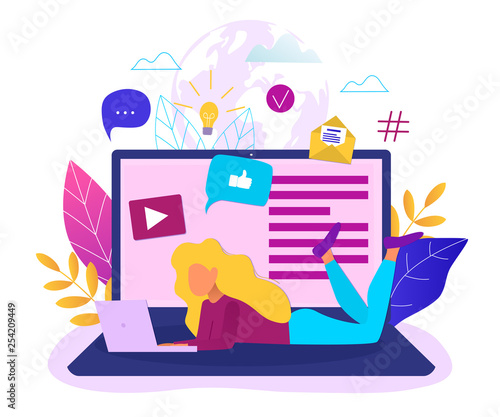 Social network, web site surfing concept vector illustration. Woman using a laptop.