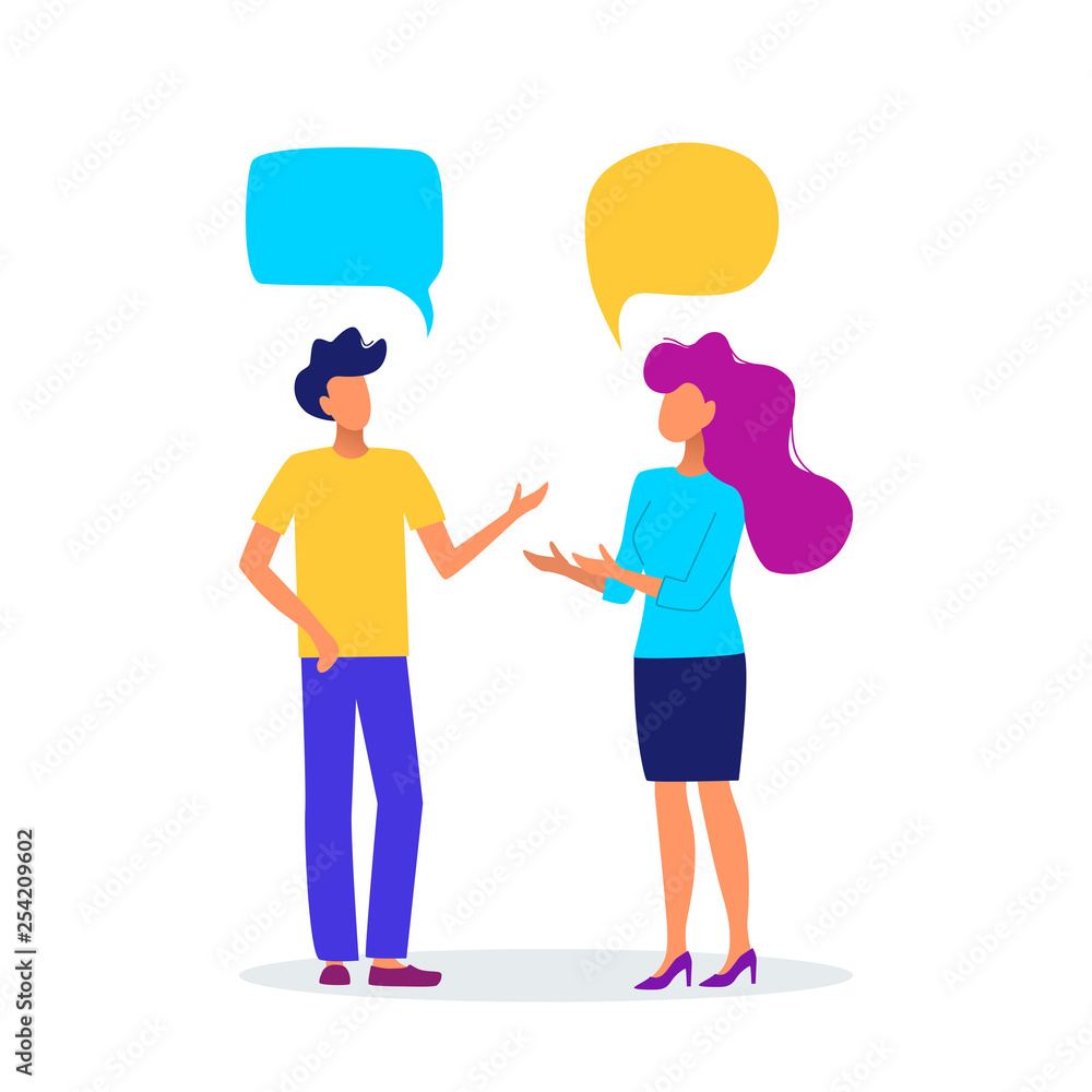 Man and woman with speech bubbles. People chatting. Communication concept vector illustration.