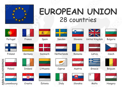 European union and membership flag . Association of 28 countries . Modern simple cartoon outline design and doodle world map background