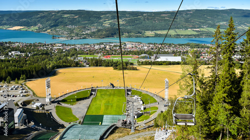 Panoramic view of Lillehammer, Norway as seen from ski lift. 