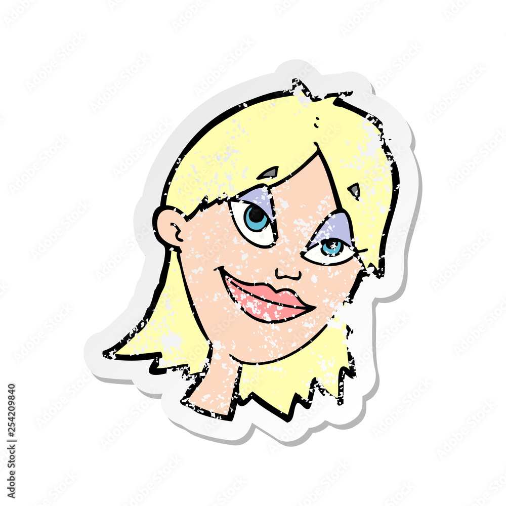 retro distressed sticker of a cartoon happy woman retro distressed sticker of a cartoon happy woman