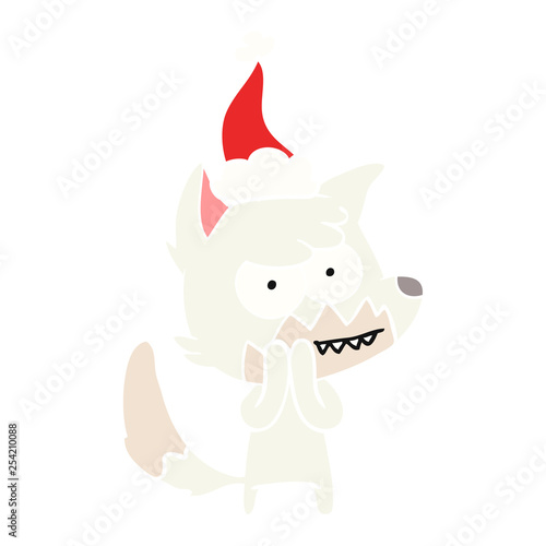 flat color illustration of a grinning fox wearing santa hat