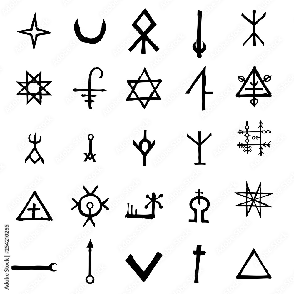 Set of alchemical symbols isolated on white background. Hand drawn and ...