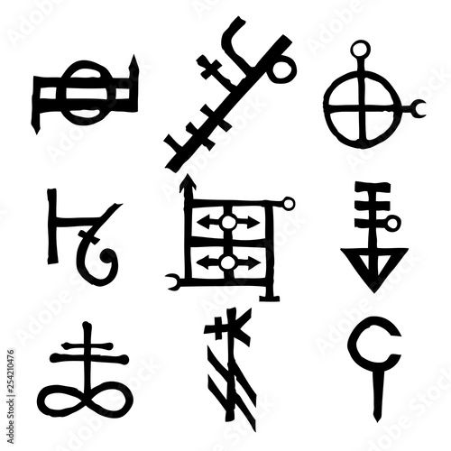 Set of Old Norse Scandinavian runes imaginary version. Runic alphabet symbols, futhark. Inspired by ancient occult symbols, vikings letters and runes. Vector.