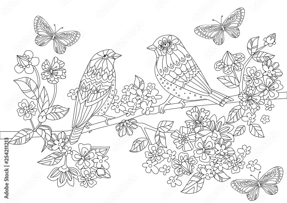 lovely birds on branch of flowering cherry for your coloring boo lovely birds on branch of flowering cherry for your coloring boo
