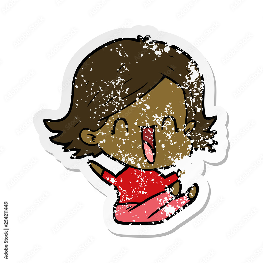 distressed sticker of a cartoon laughing woman distressed sticker of a cartoon laughing woman
