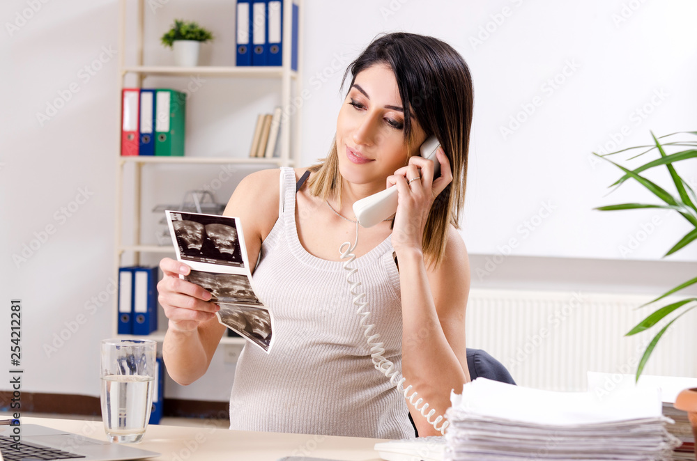 Young pregnant employee working in the office Young pregnant employee working in the office