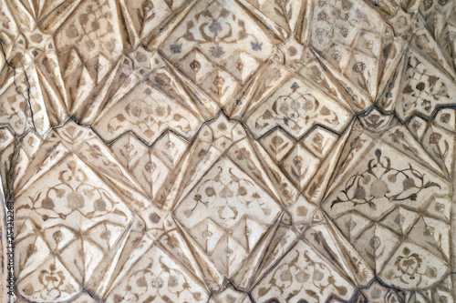 Red Fort stone carving pattern detail in Agra. Uttar Pradesh, India