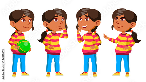 Arab, Muslim Girl Kindergarten Kid Poses Set Vector. Preschool. Young Person. Cheerful. For Web, Brochure, Poster Design. Isolated Cartoon Illustration