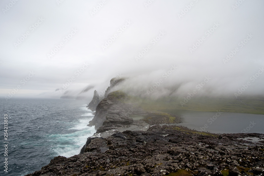 Bosdalafossur waterfall in the mist, Vagar, Faroe Islands