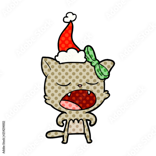 comic book style illustration of a cat meowing wearing santa hat