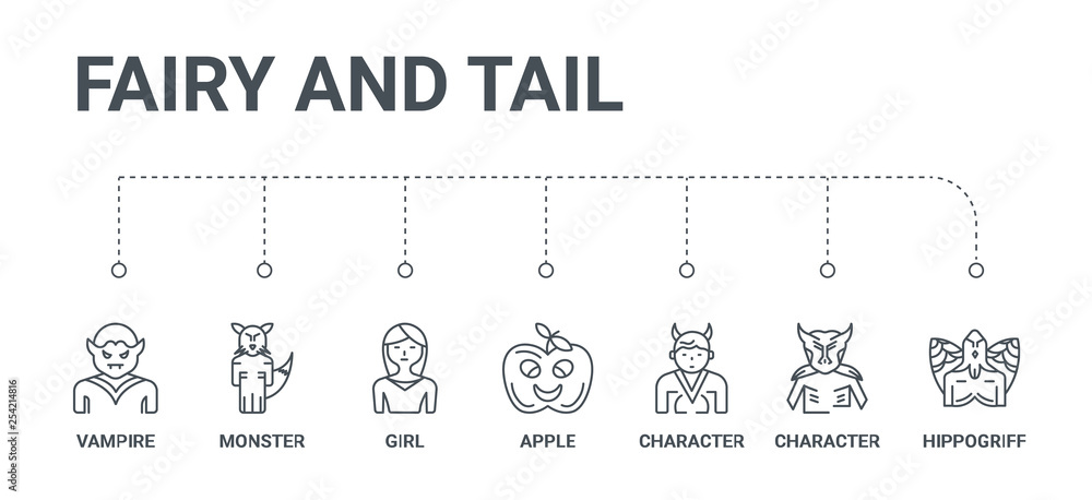 Fototapeta premium simple set of 7 line icons such as hippogriff, character, character, apple, girl, monster, vampire from fairy and tail concept on white background