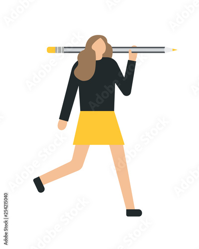 Business woman holding, showing, giving a pencil. Flat style