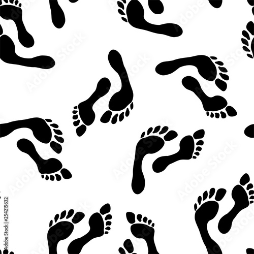 Footprint vector seamless pattern, black feet on a white background.