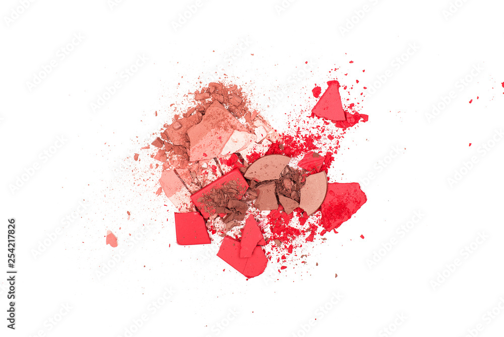 Texture background of broken powder blush isolated on white background. Horizontal. Flat lay. Copy space,