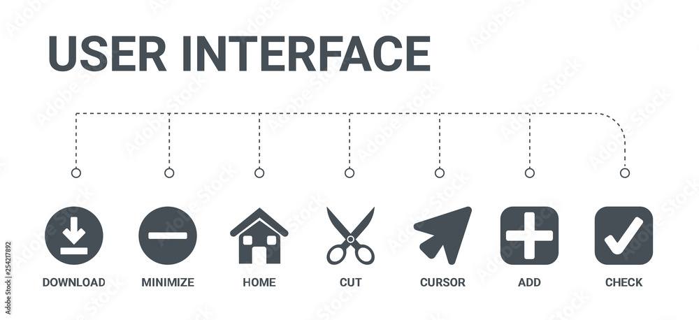 simple set of 7 icons such as check, add, cursor, cut, home, minimize, download from user interface concept on white background