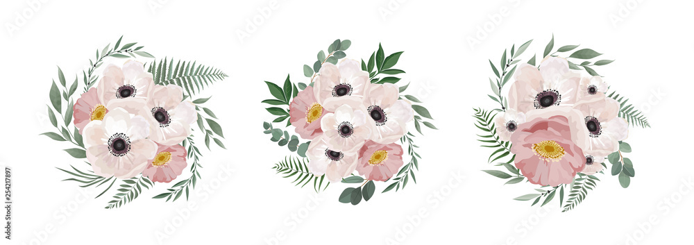 Vector floral bouquet design anemone, Eucalyptus branch . Wedding vector invite card Watercolor designer element set.