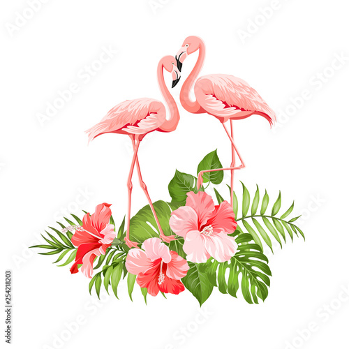 The tropical background. Summer illustration with bouquet of green palm leaves and red hibiscus flowers. Illustration with colorful flamingo on white background. Vector illustration.