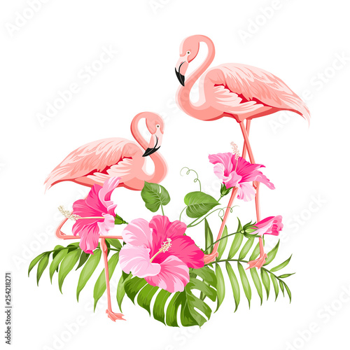 The tropical background. Summer illustration with bouquet of green palm leaves and red hibiscus flowers. Illustration with colorful flamingo on white background. Vector illustration. © Kotkoa