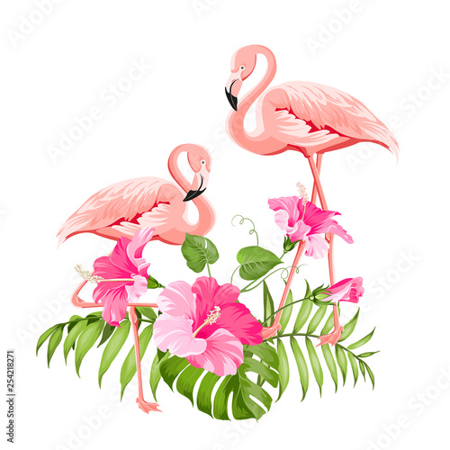 The tropical background. Summer illustration with bouquet of green palm leaves and red hibiscus flowers. Illustration with colorful flamingo on white background. Vector illustration.