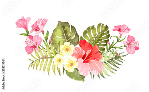 Tropical flower garland for your card design. Label with plumeria flowers. Invitation card template with color flowers of alstroemeria. Vector illustration.