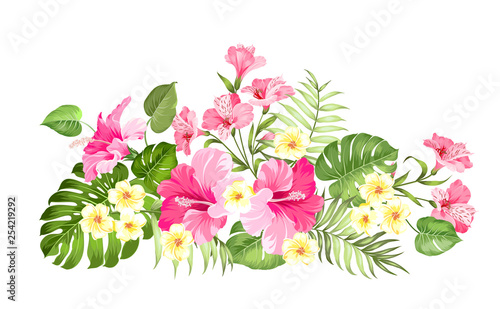 Tropical flower garland for your card design. Label with plumeria flowers. Invitation card template with color flowers of alstroemeria. Vector illustration.