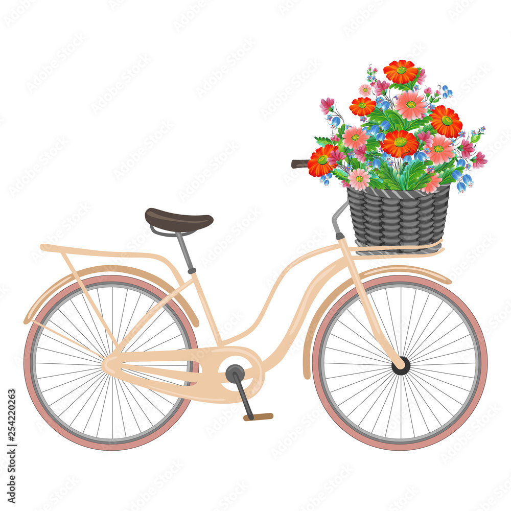 Bicycle with a basket full of daisies flowers. Hand drawn floral illustration isolated on white background
