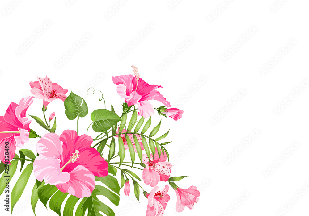 Tropical flower garland isolated over white background. Bouquet of aromatic tropical flowers. Invitation card template with color flowers of alstroemeria. Vector illustration.