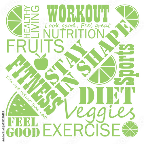 Word cloud for words related to fitness and health with fruit elements as decoration. Inside the box words give out the shape of a check mark.