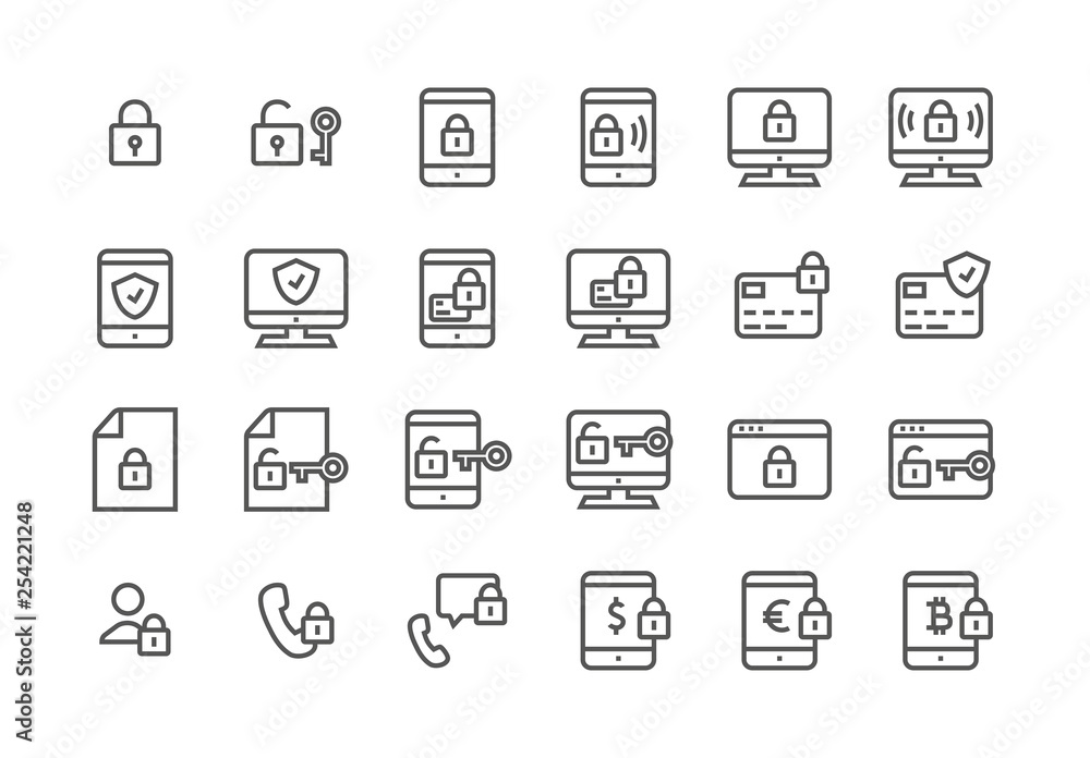 Set of Vector Icons — Security (including: secure connection, safe online payment, protected data, secure call, lock, key, shield, etc). Editable Stroke, 48x48. Pixel Perfect Icons. - Vector Set of Vector Icons — Security (including: secure connection, safe online payment, protected data, secure call, lock, key, shield, etc). Editable Stroke, 48x48. Pixel Perfect Icons. - Vector