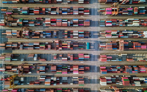 aerial view of cargo container ship port