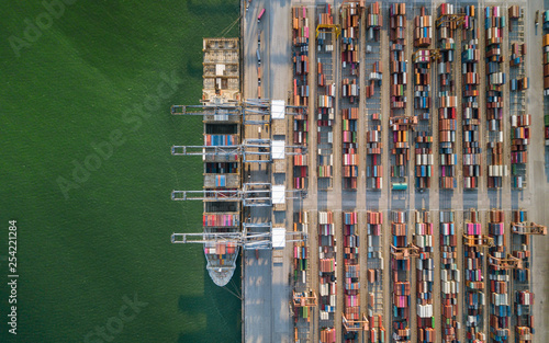 aerial view of cargo container ship port