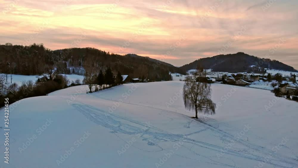 Aerial Film of Winter Landscape at Sunset Aerial Film of Winter Landscape at Sunset