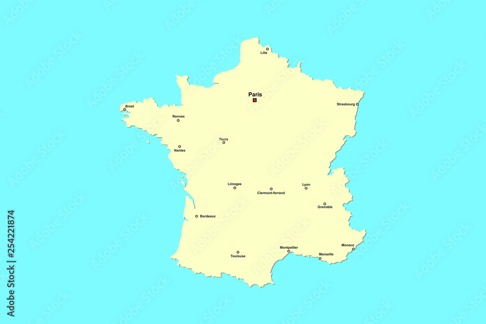 France Map with cities isolated on blue background, Vector
