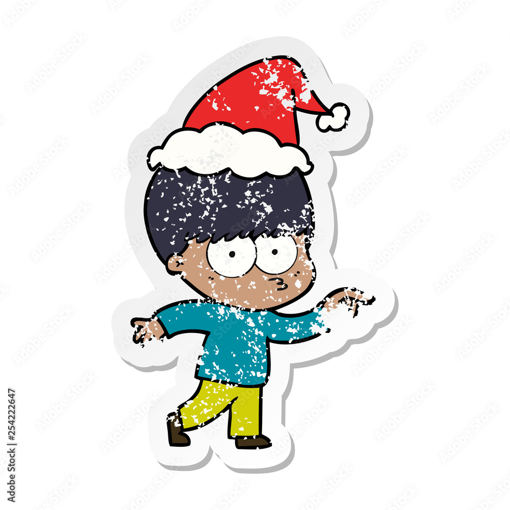 nervous distressed sticker cartoon of a boy wearing santa hat nervous distressed sticker cartoon of a boy wearing santa hat
