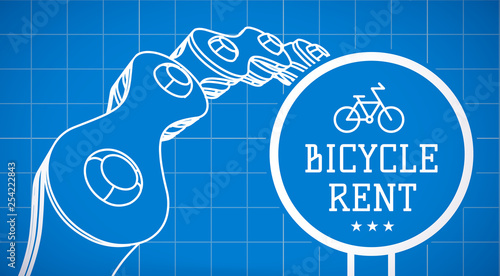 Bicycle rent sign on blueprint background with bicycle chain. Vector