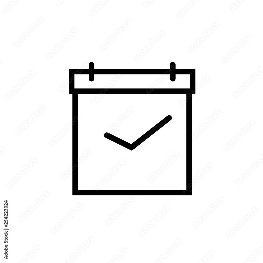 Calendar page with tick mark linear icon. Thin line illustration. Contour symbol. Vector isolated outline drawing Calendar page with tick mark linear icon. Thin line illustration. Contour symbol. Vector isolated outline drawing