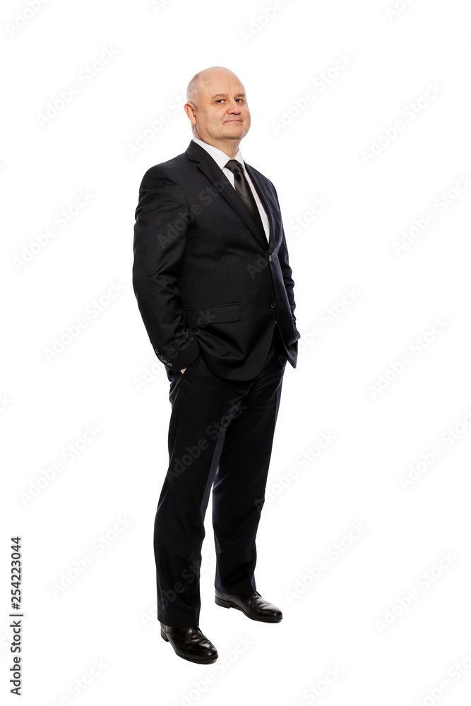 Bald middle-aged man in a suit, full-length, isolated on white background. Vertical. Bald middle-aged man in a suit, full-length, isolated on white background. Vertical.