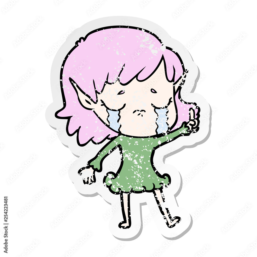 distressed sticker of a cartoon crying elf girl distressed sticker of a cartoon crying elf girl